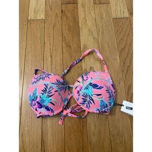 NWT Shade Shore womens Tropical Print pink strappy back Bikini Top size 32DD
